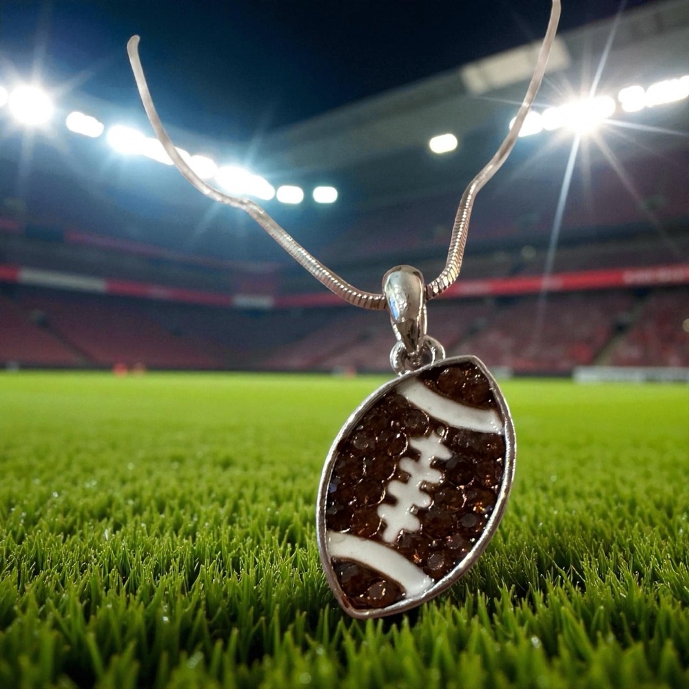 Football Sports Pendant Necklace‎ Silver Tone Brown Stone NWT